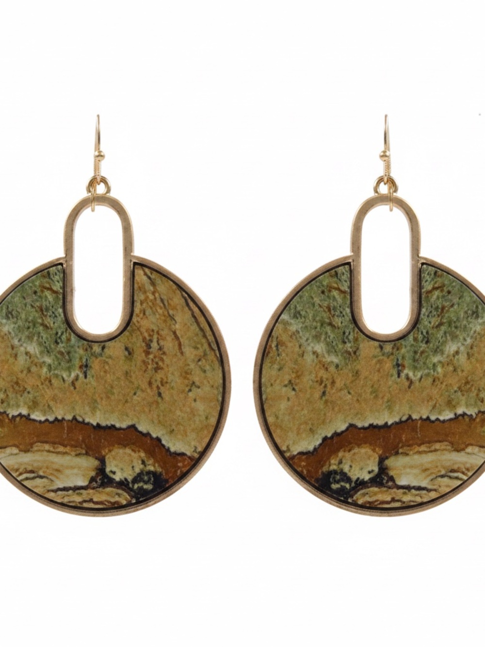Womens Round Earth Tone Metal Wood Earrings